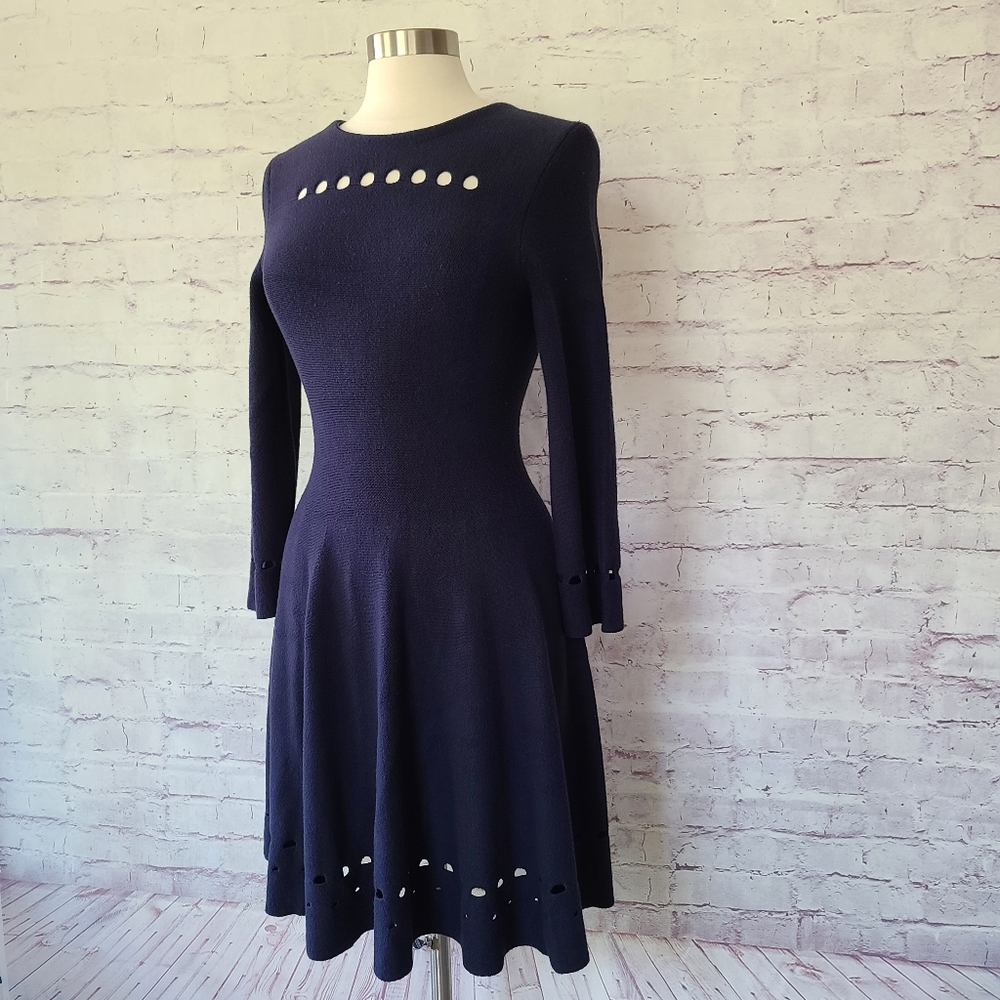 Issa London Navy Knit Long Sleeve A-Line Dress with Cutout Detail Large
